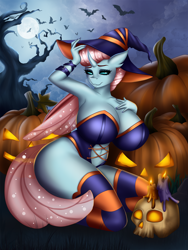 Size: 2250x3000 | Tagged: suggestive, artist:ashimaroo, ocellus (mlp), arthropod, bat, changedling, changeling, equine, fictional species, mammal, anthro, friendship is magic, hasbro, my little pony, belly button, big breasts, bone, breasts, candle, cleavage, clothes, female, full moon, halloween, hat, headwear, high res, holiday, huge breasts, jack-o-lantern, kneeling, legwear, leotard, moon, navel cutout, pumpkin, skull, solo, solo female, stockings, thigh highs, vegetables, witch costume, witch hat, wristband