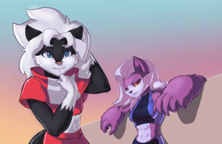 Size: 6240x4047 | Tagged: safe, artist:faogwolf, oc, oc only, oc:meli (supacrikeydave), oc:vix (supacrikeydave), canine, mammal, skunk, wolf, anthro, 2017, 5 fingers, abs, absurd resolution, athletic, athletic female, black and white fur, black body, black fur, blue eyes, clothes, colored sclera, crop top, duo, duo female, female, females only, fur, gradient background, hair, looking at you, midriff, muscles, purple body, purple fur, purple hair, red eyes, smiling, topwear, wall, white body, white fur, white hair, yellow sclera