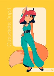 Size: 2480x3508 | Tagged: safe, artist:fox-popvli, canine, fox, mammal, red fox, anthro, belt, bottomwear, breasts, claudette dupri (wabbit), clothes, digital art, ear piercing, earring, ears, female, fur, hair, high res, jewelry, necklace, pants, piercing, pinup, shoes, signature, solo, solo female, standing, tail, text, vixen
