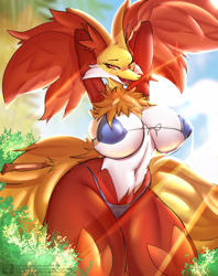 Size: 1507x1904 | Tagged: suggestive, artist:kyodashiro, delphox, fictional species, anthro, nintendo, pokémon, 2020, arm behind head, armpits, bedroom eyes, belly button, big breasts, bikini, breasts, cameltoe, clothes, digital art, ear fluff, ears, eyelashes, female, fluff, fur, looking at you, micro bikini, neck fluff, nipple outline, open mouth, pose, solo, solo female, starter pokémon, swimsuit, tail, thighs, tongue, wide hips