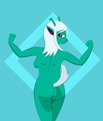 Size: 1097x1280 | Tagged: suggestive, alternate version, artist:bascetbollin, bue (samurai jack), alien, emoji (species), fictional species, anthro, humanoid, cartoon network, samurai jack (series), 2017, antennae, bedroom eyes, breasts, butt, digital art, ears, eyelashes, female, flexing, fur, looking at you, looking back, looking back at you, nudity, rear view, sideboob, solo, solo female, tail, thighs, wide hips