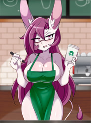 Size: 1826x2466 | Tagged: suggestive, artist:lucyfercomic, oc, oc only, donkey, equine, mammal, anthro, 2021, apron, big breasts, blushing, breasts, cafe, clothes, coffee cup, digital art, eyelashes, female, glasses, hair, i mean breast milk, looking at you, meme, naked apron, nudity, open mouth, partial nudity, pen, solo, solo female, thighs, tongue, unamused, wide hips