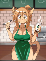 Size: 1820x2448 | Tagged: suggestive, alternate version, artist:lucyfercomic, oc, oc only, big cat, cougar, feline, mammal, anthro, 2021, apron, big breasts, blushing, breasts, cafe, clothes, coffee cup, digital art, eyelashes, female, hair, i mean breast milk, looking at you, meme, naked apron, nudity, partial nudity, pen, pink nose, solo, solo female, thighs, wide hips