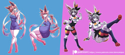 Size: 2000x890 | Tagged: safe, artist:alanscampos, bea (pokémon), cinderace, eeveelution, fictional species, mammal, sylveon, anthro, digitigrade anthro, nintendo, pokémon, blue eyes, bottomwear, breasts, butt, clothes, dress, duo, duo female, female, females only, furgonomics, gray hair, gym leader, hair, looking at you, pokémon trainer, short hair, shorts, smiling, species swap, starter pokémon, tail hole