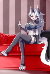 Size: 2834x4134 | Tagged: safe, artist:lucyfercomic, loona (vivzmind), canine, fictional species, hellhound, mammal, anthro, digitigrade anthro, hazbin hotel, helluva boss, 2021, big breasts, breasts, clothes, ears, female, gray hair, hair, long hair, looking at you, solo, solo female, tail, thighs
