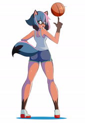 Size: 3071x4488 | Tagged: safe, artist:lucyfercomic, michiru kagemori (bna), canine, mammal, raccoon dog, anthro, bna: brand new animal, 2020, blue hair, breasts, butt, clothes, ears, female, hair, looking at you, looking back, looking back at you, multicolored eyes, smiling, smiling at you, solo, solo female, tail, thighs, two toned eyes
