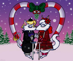 Size: 920x771 | Tagged: safe, cat, feline, mammal, anthro, candy, candy cane, christianity, christmas, duo, dusk, evening, female, food, hanukkah, heart, holiday, holly, jewish, kitten, male, mistletoe, ribbon, snow, stars, twilight, young
