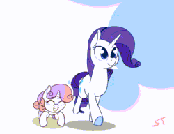 Size: 1280x984 | Tagged: safe, artist:storyteller, rarity (mlp), sweetie belle (mlp), equine, fictional species, mammal, pony, unicorn, friendship is magic, hasbro, my little pony, animated, cute, duo, excited, eyes closed, female, filly, foal, gif, grin, hooves, hopping, loop, mare, open mouth, open smile, siblings, sister, sisters, smiling, underhoof, walking, young