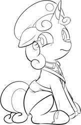 Size: 493x761 | Tagged: safe, artist:mcsadat, sweetie belle (mlp), equine, fictional species, mammal, pony, unicorn, feral, friendship is magic, hasbro, my little pony, clothes, female, mare, military uniform, monochrome, north korea, side view, solo, solo female