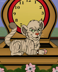 Size: 1024x1280 | Tagged: safe, artist:queen-quail, daniel striped tiger (mister rogers' neighborhood), big cat, feline, mammal, tiger, feral, mister rogers' neighborhood, pbs, clock, flower, looking at you, male, number, plant, solo, solo male, watch