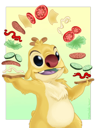 Size: 768x1024 | Tagged: safe, artist:psychedelic-lemur, reuben (lilo & stitch), alien, experiment (lilo & stitch), fictional species, disney, lilo & stitch, 2021, antennae, bologna, border, bread, buckteeth, cheese, cheese singles, chest fluff, colored tongue, dairy products, digital art, dipstick antennae, fluff, food, fruit, fur, gradient background, green mouth, holding, holding food, holding object, juggling, ketchup, lettuce, mayonnaise, multicolored antennae, open mouth, open smile, pickle, plant, purple tongue, red nose, sandwich, short tail, signature, simple background, smiling, solo, standing, tail, teeth, tomato, tongue, transparent background, transparent border, vegetables, yellow body, yellow fur