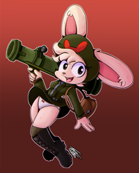 Size: 2000x2500 | Tagged: safe, artist:tdfoxoo, oc, oc only, lagomorph, mammal, rabbit, anthro, plantigrade anthro, bag, bazooka, boots, bottomwear, clothes, communist, cute, female, high res, jumping, legwear, mailbag, military, panties, panty shot, shoes, skirt, soldier, solo, solo female, stockings, underwear, uniform, upskirt