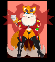 Size: 1480x1646 | Tagged: suggestive, artist:suirano, miles "tails" prower (sonic), canine, fictional species, fox, kitsune, mammal, anthro, sega, sonic the hedgehog (series), 2021, breasts, clothes, ears, female, hair, huge breasts, looking at you, multiple tails, rule 63, smiling, smiling at you, solo, solo female, tail, thick thighs, thighs, two tails, vixen