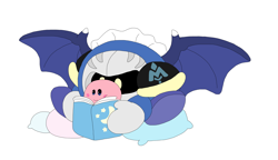 Size: 6640x3832 | Tagged: safe, artist:toonidae, kirby (kirby), meta knight (kirby), fictional species, puffball (kirby), semi-anthro, kirby (series), nintendo, absurd resolution, book, duo, duo male, male, males only, pillow, reading