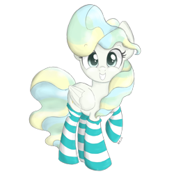 Size: 1400x1400 | Tagged: safe, artist:bojo, vapor trail (mlp), equine, fictional species, mammal, pegasus, pony, friendship is magic, hasbro, my little pony, clothes, cute, female, happy, hooves, legwear, looking at you, mare, on model, raised hoof, simple background, smiling, socks, solo, solo female, striped clothes, striped legwear, thigh highs, transparent background