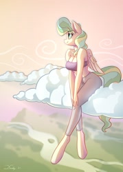 Size: 1595x2232 | Tagged: safe, artist:dandy, vapor trail (mlp), equine, fictional species, mammal, pegasus, pony, anthro, unguligrade anthro, friendship is magic, hasbro, my little pony, 2021, anthrofied, bottomwear, breasts, cleavage, clothes, cloud, eye through hair, eyebrow through hair, eyebrows, eyelashes, feathered wings, feathers, female, hair, hooves, mare, midriff, pants, sitting on cloud, sky, smiling, solo, solo female, sports bra, sweatpants, tail, topwear, tube top, wings