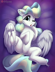 Size: 2698x3500 | Tagged: safe, alternate version, artist:airfly-pony, vapor trail (mlp), equine, fictional species, mammal, pegasus, pony, feral, friendship is magic, hasbro, my little pony, bed, bedroom eyes, cute, female, fluff, frog (hoof), high res, hooves, legs, looking at you, mare, nudity, one eye closed, patreon, patreon exclusive, patreon logo, shy, signature, solo, solo female, spread legs, spreading, tongue, tongue out, underhoof, watermark, wings