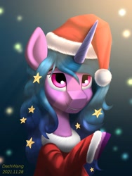 Size: 1668x2224 | Tagged: safe, artist:dashwang_sfw, izzy moonbow (mlp), equine, fictional species, mammal, pony, unicorn, feral, hasbro, my little pony, my little pony g5, spoiler:my little pony g5, 2021, christmas, clothes, female, hat, headwear, holiday, horn, horn pattern, mare, santa hat, solo, solo female