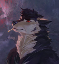 Size: 1178x1280 | Tagged: safe, artist:shamerli, canine, mammal, wolf, anthro, 2021, black body, black fur, black hair, bust, cigarette, colored sclera, commission, fluff, fur, hair, jewelry, looking at you, male, neck fluff, necklace, portrait, red eyes, red sclera, signature, smoke, smoking, solo, solo male, white body, white eyes, white fur