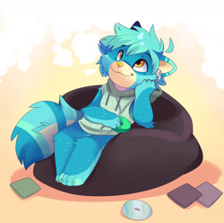 Size: 1280x1272 | Tagged: safe, artist:feve, oc, oc only, oc:wocket, mammal, procyonid, raccoon, anthro, 2021, blue body, blue fur, chibi, clothes, fur, hoodie, male, solo, solo male, topwear