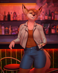 Size: 1024x1280 | Tagged: safe, artist:skiba613, oc, oc only, canine, fennec fox, fox, mammal, anthro, 2021, bar, black nose, blushing, bottomwear, breasts, clothes, commission, digital art, ears, eyelashes, female, fur, hair, jacket, looking at you, pants, pose, shirt, smiling, smiling at you, solo, solo female, tail, thighs, topwear, wide hips