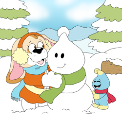 Size: 2280x2256 | Tagged: safe, artist:toonidae, cream the rabbit (sonic), chao, fictional species, lagomorph, mammal, rabbit, sega, sonic the hedgehog (series), ambiguous gender, clothes, conifer tree, earmuffs, female, high res, plant, scarf, snow, snowman, tree