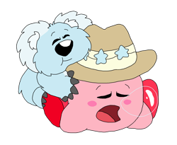 Size: 1876x1540 | Tagged: safe, artist:toonidae, kirby (kirby), fictional species, koala, mammal, marsupial, puffball (kirby), feral, semi-anthro, kirby (series), nintendo, ambiguous gender, clothes, duo, hat, headwear, male, simple background, sleeping, snot bubble, transparent background