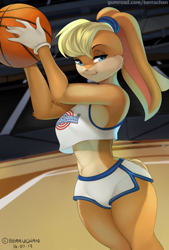 Size: 674x1000 | Tagged: safe, artist:berruchan, lola bunny (looney tunes), lagomorph, mammal, rabbit, anthro, looney tunes, space jam, warner brothers, 2019, ball, basketball, bedroom eyes, belly button, bottomwear, breasts, buckteeth, clothes, crop top, digital art, ears, eyelashes, female, gloves, hair, looking at you, midriff, pink nose, shorts, solo, solo female, sports bra, sports shorts, teeth, thighs, topwear, wide hips