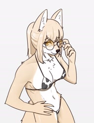 Size: 1100x1450 | Tagged: suggestive, artist:korfiorano, oc, oc only, canine, fox, mammal, anthro, 2021, belly button, bikini, black nose, breasts, chest fluff, clothes, cow print, digital art, ears, eyelashes, female, fluff, fur, glasses, hair, hand on hip, looking at you, micro bikini, round glasses, simple background, solo, solo female, swimsuit, tail, thighs, vixen, wide hips