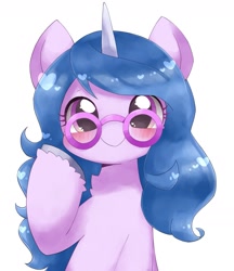 Size: 1741x2019 | Tagged: safe, artist:ginmaruxx, izzy moonbow (mlp), equine, fictional species, mammal, pony, unicorn, feral, hasbro, my little pony, my little pony g5, spoiler:my little pony g5, 2021, blushing, chest fluff, cute, eyelashes, female, fluff, glasses, heart, horn, looking at you, mare, round glasses, simple background, smiling, smiling at you, solo, solo female, white background