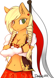 Size: 726x1040 | Tagged: suggestive, artist:php41, applejack (mlp), earth pony, equine, fictional species, mammal, pony, anthro, friendship is magic, hasbro, my little pony, 2014, anthrofied, belly button, breasts, cleavage, clothes, female, flag, folklore, poland, polish, polish flag, smiling, solo, solo female