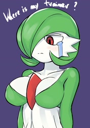 Size: 2480x3508 | Tagged: safe, artist:ashraely_, fictional species, gardevoir, anthro, nintendo, pokémon, 2020, bedroom eyes, belly button, breasts, clothes, crying, digital art, eyelashes, female, hair, high res, simple background, solo, solo female, tank top, topwear