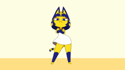 Size: 560x315 | Tagged: safe, artist:sum, ankha (animal crossing), cat, feline, mammal, anthro, digitigrade anthro, animal crossing, nintendo, 2021, ankha zone, clothes, crossed arms, digital art, dress, ears, fur, hair, looking at you, low res, meme, tail