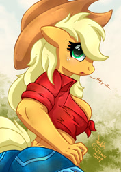 Size: 920x1300 | Tagged: safe, artist:joakaha, applejack (mlp), earth pony, equine, fictional species, mammal, pony, anthro, friendship is magic, hasbro, my little pony, 2021, anthrofied, big breasts, blonde hair, blonde mane, blonde tail, breasts, clothes, cowboy hat, eyelashes, female, freckles, green eyes, hair, hat, headwear, jeans, mane, mare, orange body, pants, signature, solo, solo female, tail