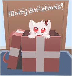 Size: 958x1018 | Tagged: safe, artist:binkyroom, oc, feline, mammal, anthro, box, christmas, cute, gift, holiday, looking at you, raffle prize, red eyes, ribbon, smiling, solo