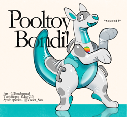 Size: 1666x1544 | Tagged: safe, artist:braeburned, oc, oc only, oc:bondi (braeburned), android, animate object, fictional species, kangaroo, living inflatable, mammal, marsupial, robot, synth, semi-anthro, apple (company), 2021, 2d, abstract background, ambiguous gender, big tail, blue body, cute, english text, gray body, inflatable, living pool toy, long tail, macropod, onomatopoeia, open mouth, paws, pool toy, solo, solo ambiguous, standing, tail, text, transparent body