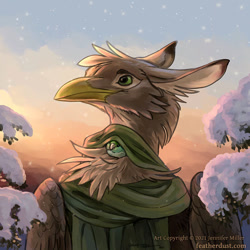 Size: 800x800 | Tagged: safe, artist:nambroth, oc, bird, anthro, feral, 2021, ambiguous gender, beak, brown feathers, bust, clothes, duo, ears, feathered wings, feathers, folded wings, green eyes, green feathers, snow, solo focus, wings