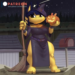 Size: 900x900 | Tagged: safe, artist:kevinsano, ankha (animal crossing), cat, feline, mammal, anthro, digitigrade anthro, animal crossing, nintendo, 2021, breasts, building, clothes, costume, digital art, ears, eyelashes, female, fur, hair, halloween, halloween costume, hat, headwear, holiday, house, jack-o-lantern, night, pumpkin, shortstack, sky, solo, solo female, tail, thighs, wide hips, witch costume, witch hat