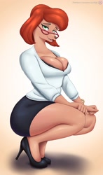 Size: 1179x2000 | Tagged: safe, artist:nexcoyotlgt, canine, dog, mammal, anthro, disney, 2021, an extremely goofy movie, bedroom eyes, black nose, bottomwear, bra, breasts, clothes, digital art, eyelashes, female, glasses, hair, high heels, looking at you, open mouth, pose, shirt, shoes, shorts, simple background, skin, solo, solo female, sylvia marpole (an extremely goofy movie), tongue, topwear, underwear