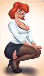 Size: 1179x2000 | Tagged: safe, alternate version, artist:nexcoyotlgt, canine, dog, mammal, anthro, disney, 2021, an extremely goofy movie, bedroom eyes, black nose, bottomwear, bra, breasts, clothes, digital art, eyelashes, female, glasses, hair, high heels, legwear, looking at you, open mouth, pose, shirt, shoes, shorts, simple background, skin, solo, solo female, stockings, sylvia marpole (an extremely goofy movie), tongue, topwear, underwear