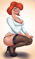 Size: 1179x2000 | Tagged: suggestive, alternate version, artist:nexcoyotlgt, canine, dog, mammal, anthro, disney, 2021, an extremely goofy movie, bedroom eyes, black nose, bra, breasts, clothes, digital art, eyelashes, female, glasses, hair, high heels, legwear, looking at you, open mouth, panties, pose, shirt, shoes, simple background, skin, solo, solo female, stockings, sylvia marpole (an extremely goofy movie), tongue, topwear, underwear