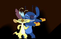 Size: 1280x831 | Tagged: safe, artist:hoshi-star, sparky (lilo & stitch), stitch (lilo & stitch), alien, experiment (lilo & stitch), fictional species, disney, lilo & stitch, 2021, 3 toes, 4 fingers, angry, antennae, black eyes, blue body, blue eyes, blue fur, blue nose, brown nose, brown paw pads, chest fluff, dipstick tail, dual wielding, duo, ear marking, ears, electricity, fluff, forked antennae, fur, gradient background, gritted teeth, head fluff, holding object, holding weapon, multicolored antennae, paw pads, plasma blaster, plasma gun, squinting, standing, tail, teeth, torn ear, weapon, yellow body, yellow fur