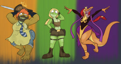 Size: 1280x678 | Tagged: safe, artist:gtb23, oc, oc:clementine, oc:daryl, oc:sonny, amphibian, frog, lizard, reptile, anthro, anklet, barefoot, big breasts, blonde hair, breasts, butt, chainsaw, claws, cleavage, clothes, costume, dirty feet, eyes closed, feet, female, flat chest, green scales, group, hair, halloween, halloween costume, holiday, huge butt, lizard tail, lizard tongue, open mouth, orange scales, red hair, scales, sharp teeth, teeth, toe claws, toes, trio, wide hips