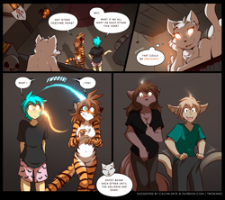 Size: 1600x1421 | Tagged: safe, artist:twokinds, flora (twokinds), keith (twokinds), natani (twokinds), nora (twokinds), trace (twokinds), basitin, fictional species, human, keidran, mammal, anthro, twokinds, black border, body swap, border, bottomwear, breasts, clothes, featureless breasts, nudity, pants, shirt, topwear, underpants