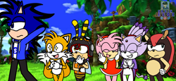 Size: 2551x1176 | Tagged: safe, artist:mrstheartist, amy rose (sonic), blaze the cat (sonic), charmy bee (sonic), mighty the armadillo (sonic), miles "tails" prower (sonic), oc, oc:soneb the hedgehog, armadillo, arthropod, bee, canine, cat, feline, fox, hedgehog, insect, mammal, red fox, anthro, sega, sonic the hedgehog (series), black outline, clothes, eyes closed, female, green hill zone, group, hoodie, male, sextet, topwear, unamused, unzipped