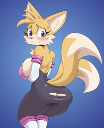 Size: 805x996 | Tagged: suggestive, artist:cooliehigh, miles "tails" prower (sonic), rouge the bat (sonic), canine, fox, mammal, red fox, anthro, sega, sonic the hedgehog (series), 2021, big breasts, big butt, breasts, butt, clothes, cosplay, ears, female, looking at you, looking back, looking back at you, mila "tails" prower, rule 63, solo, solo female, tail, tailsko, thick thighs, thighs, vixen