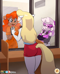 Size: 1035x1280 | Tagged: safe, artist:furboz, julie bruin (tiny toon adventures), minerva mink (animaniacs), bear, mammal, mink, mustelid, anthro, plantigrade anthro, animaniacs, tiny toon adventures, warner brothers, 2021, bedroom eyes, belly button, bottomwear, breasts, butt, clothes, crossed arms, digital art, ears, eyelashes, female, fur, glasses, group, hair, looking at each other, open mouth, pink nose, prison, prison outfit, prisoner, rear view, shirt, shorts, tail, thighs, tongue, topwear, trio, wide hips
