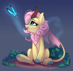 Size: 1246x1216 | Tagged: safe, artist:taneysha, fluttershy (mlp), arthropod, butterfly, equine, fictional species, insect, kirin, mammal, feral, friendship is magic, hasbro, my little pony, 2021, eyelashes, female, fur, hair, horn, leonine tail, looking at something, looking up, mane, mare, pink hair, pink mane, sitting, solo, solo female, species swap, tail, yellow body, yellow fur