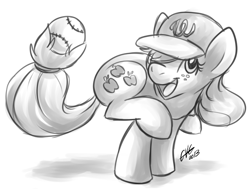 Size: 702x535 | Tagged: safe, artist:fizzy-dog, applejack (mlp), earth pony, equine, fictional species, mammal, pony, feral, friendship is magic, hasbro, my little pony, 2013, baseball, clothes, eyelashes, female, freckles, grayscale, happy, hat, headwear, mare, mlb, monochrome, one eye closed, open mouth, prehensile tail, raised leg, signature, solo, solo female, tail, washington nationals, winking