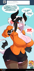 Size: 700x1459 | Tagged: suggestive, artist:chalodillo, alejandra coldthorn (las lindas), tootsie roswell (las lindas), bovid, cattle, cow, mammal, mouse, rodent, anthro, black body, black fur, blonde hair, blue eyes, bottomwear, breasts, brown body, brown fur, cleavage, clothes, ears, female, females only, fur, glasses, hair, horns, huge breasts, legwear, shirt, skirt, solo focus, speech bubble, stockings, tail, tail tuft, text, topwear, white body, white fur, white hair